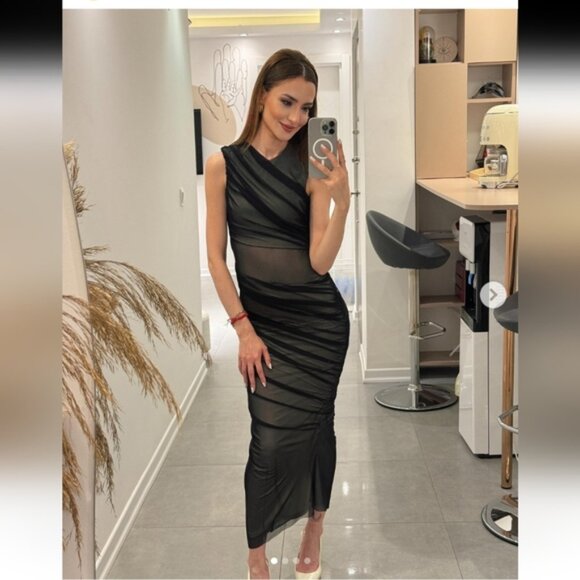 Zara Tulle Mixed Maxi Dress Black Grey Size Medium Blogger Fav - Picture 2 of 13